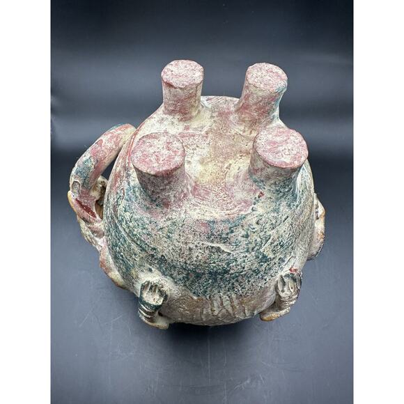 Decorative Terra Cotta Painted Pottery Elephant Vase 7 Inches Brown Green Red - Picture 5 of 9